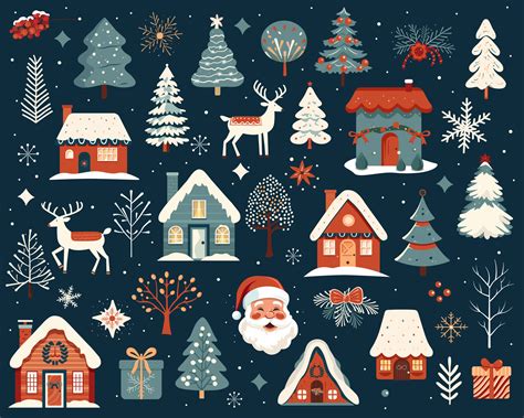 Big Set Of Hand Drawn Christmas Elements Scandi Christmas Illustration