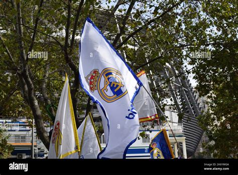 Real Madrid flag near Santiago Bernabeu stadium before El Clasico match ...