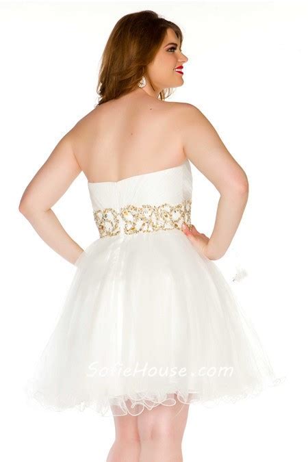 Sexy Strapless Short White Tulle Gold Beading Plus Size Cocktail Prom Dress