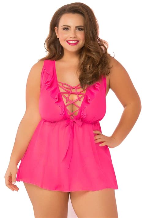 Plus Size Curvy Chiffon Plunging Neck Ruffle Babydoll Lingerie