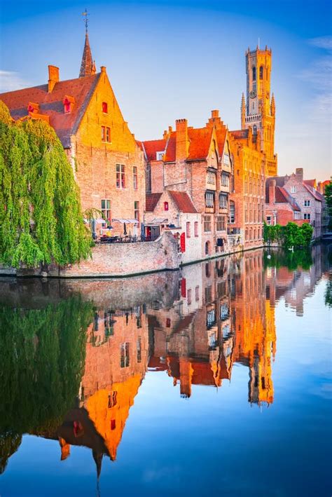 Bruges Belgium Rozenhoedkaai In Sunrise Light Old Town With Belfry