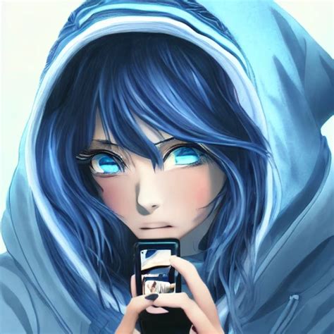 Anime Girl With Wavy Blue Hair In A Hoodie Using Mobile Phone Se