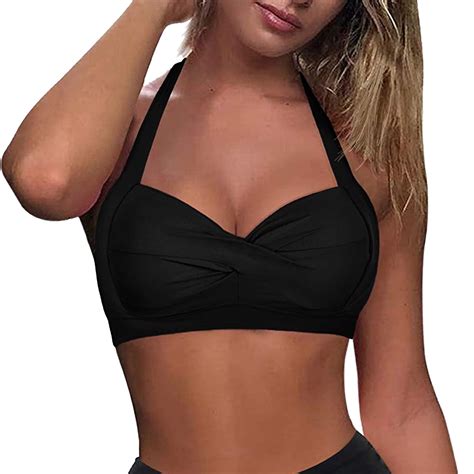 Women Lace Up Bikini Top Push Up Swim Top Halter Retro Bathing Suit Top