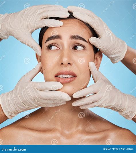 Hands Woman Face And Plastic Surgery Skincare Or Treatment Against A