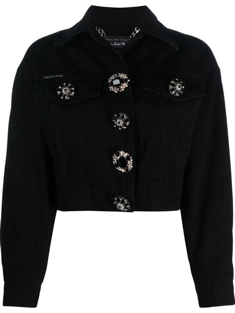 Philipp Plein Crytal Button Cropped Denim Jacket Editorialist