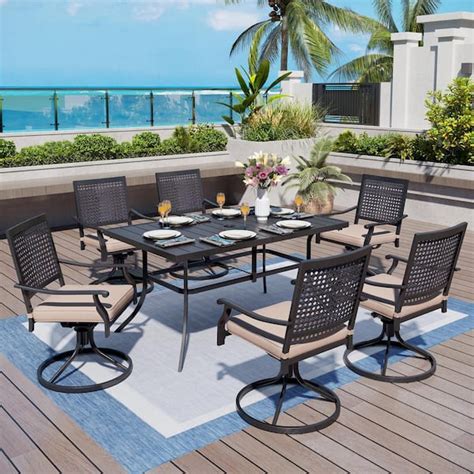 Phi Villa Piece Metal Patio Outdoor Dining Set With Beige Cushions