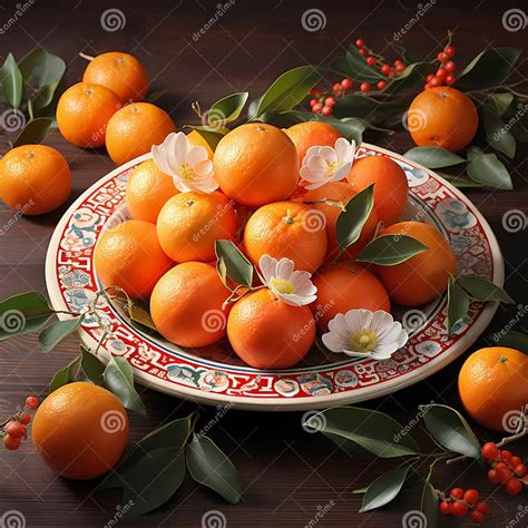 Mandarin Orange On Traditional Pattern Plate Background Chinese New