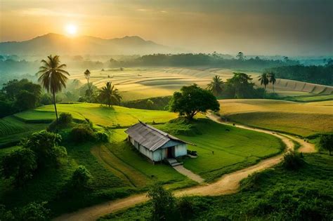 Uma casa no meio de um campo de arroz ao pôr do sol Foto Premium