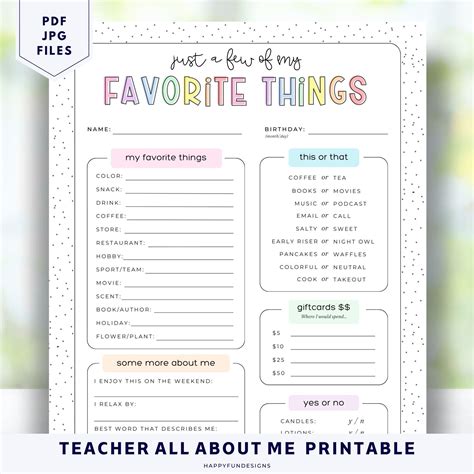 Teacher Favorite Things Form, Get to Know Teacher Printable, Favorite
