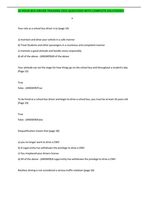 20 HOUR BUS DRIVER TRAINING 2025 QUESTIONS WITH COMPLETE SOLUTIONS