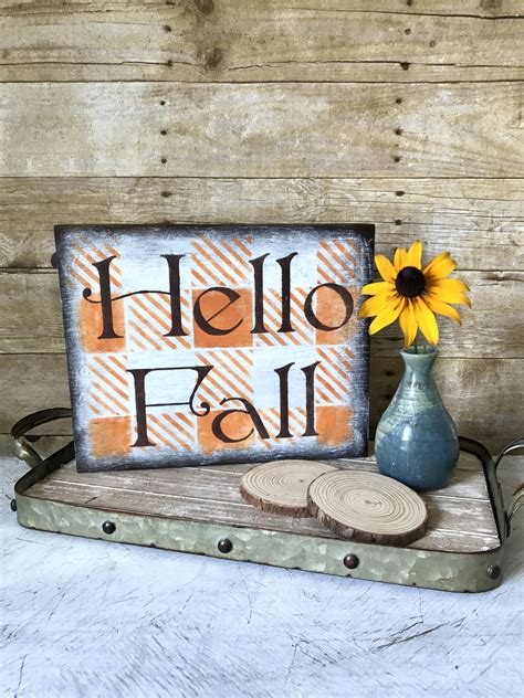 Hello Fall Buffalo Check Sign Rustic Wood Sign Farmhouse Orange