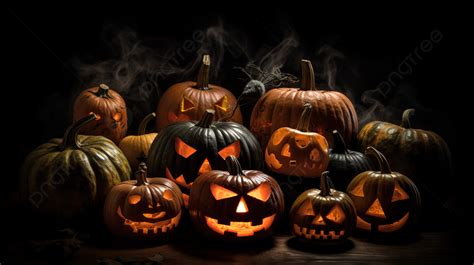 Pumpkins Pumpkin Faces With Candles Smoke Halloween On Dark Background ...