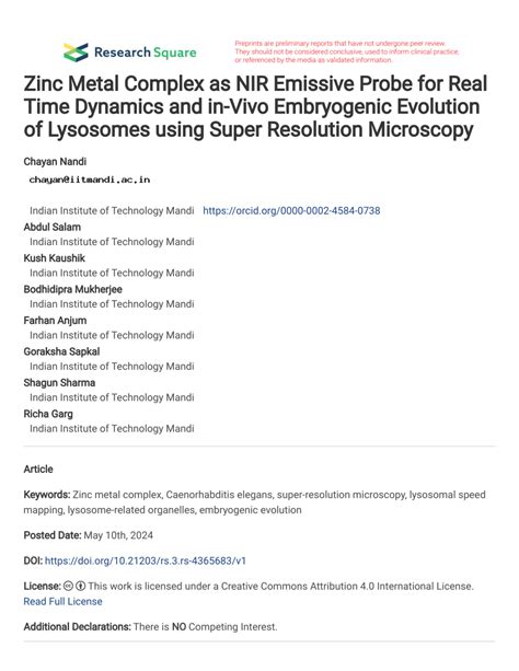 Pdf Zinc Metal Complex As Nir Emissive Probe For Real Time Dynamics