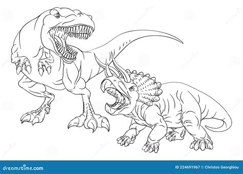 Coloring Book Page Dinosaurs in Outline Stock Vector - Illustration of ...