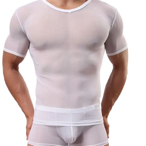 Transparent Tshirt For Men Undershirts Short Sleeve See Through Male Lingerie Mesh Gay Tops