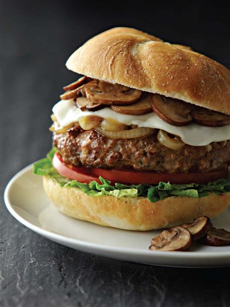 Burgers With Mozzarella Caramelized Onions And Mushrooms Fresh