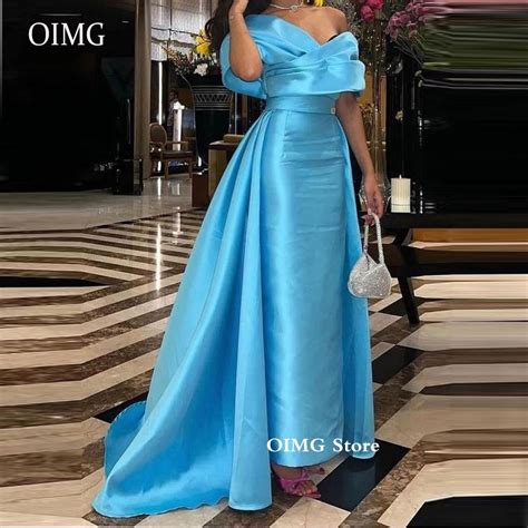 OIMG Saudi Arabic Sky Blue Satin Evening Dresses With Detachable Train