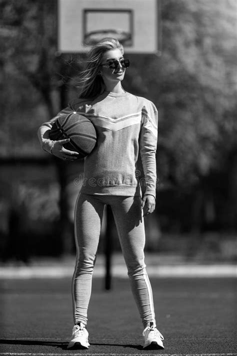 Sports Girl Blonde Stands On The Basketball Court Black And White Stock Photo Image Of Game