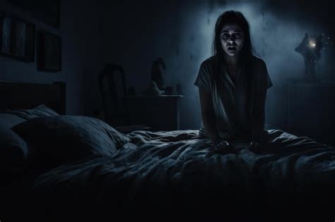 Young woman sitting on the bed in the dark Scary horror scene | Premium ...