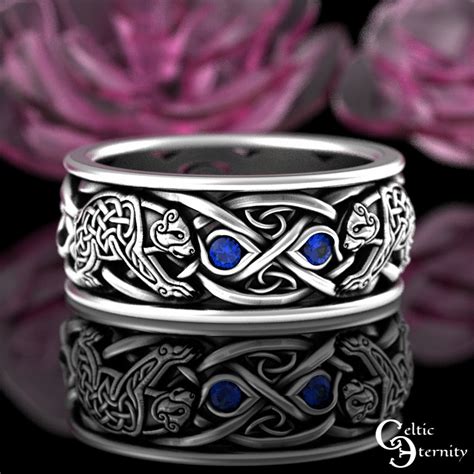 Norse Bear Ring Sapphire Sterling Mens Celtic Knotwork Wedding Band