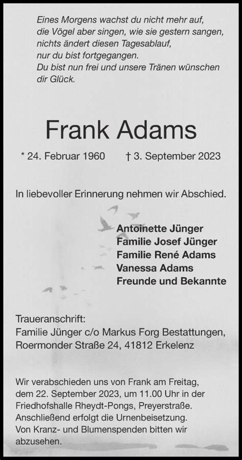 Traueranzeigen Von Frank Adams Aachen Gedenkt