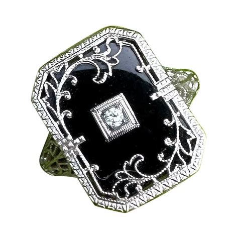 Art Deco Diamond Black Onyx Ring Edwardian Filigree Karat White Gold