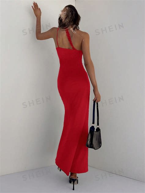 Shein Aloruh Vestido Rojo Sin Mangas Con Cuello Halter Asim Trico Con