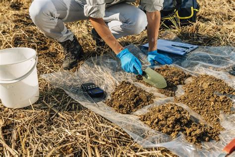 Soil Fertility Analysis Female Agronomist Taking Soil Samples By