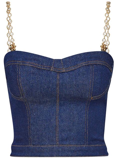 Oscar De La Renta Jewelled Strap Denim Bustier Top Farfetch