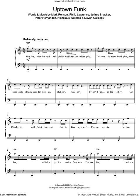 Ronson Uptown Funk Featuring Bruno Mars Sheet Music Beginner For