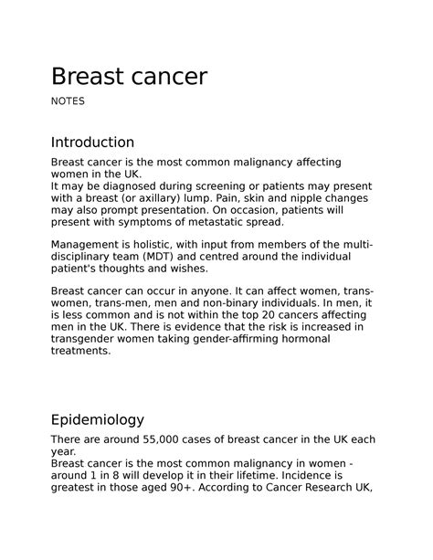 Breast Cancer Lecture Notes Breast Cancer Notes Introduction Breast