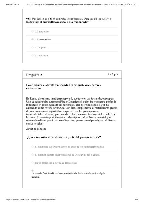 Trabajo Cuestionario De Cierre Sobre La Argumentaci N