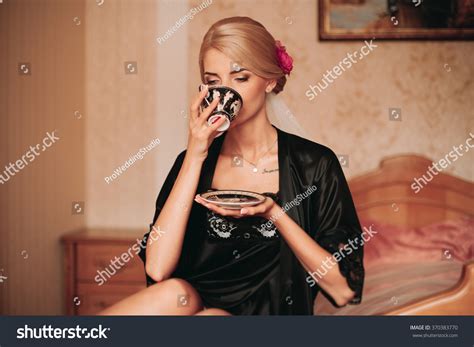 Sexy Blonde Bride Black Robe Posing Stock Photo Edit Now 370383770