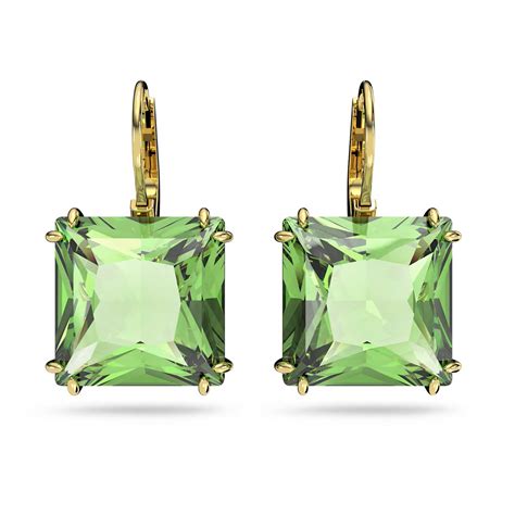 Swarovski Millenia Drop Earrings Square Cut Green Gold Tone Plated