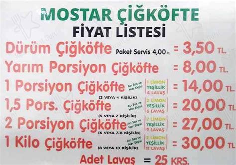 Menu at Mostar Çiğköfte Istanbul Avasköy Yolu Cad