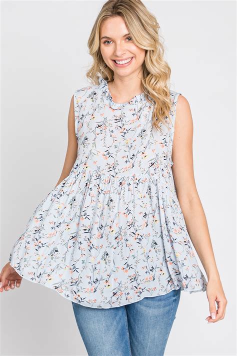 Light Blue Floral Sleeveless Babydoll Top Pinkblush