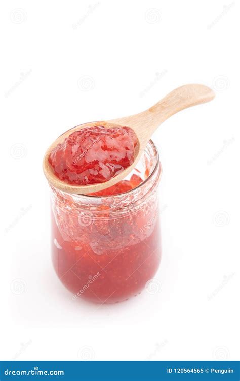 Open Jar Of Strawberry Jam And A Spoon Isolated On White Stock Image Image Of Preserve