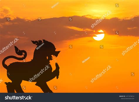 Singha Statue Silhouette On Sunset Background Stock Photo 1471974014