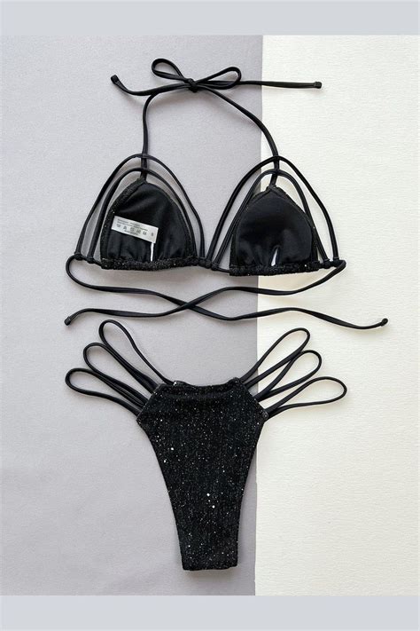 Glitter Halter Neck Strappy Two Piece Bikini Set Black S Artofit