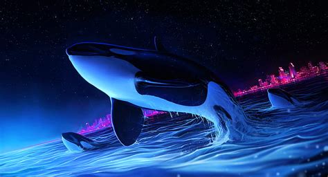 Orcas in the night, pink, night, sea, luminos, orca, ciorano, vara ...