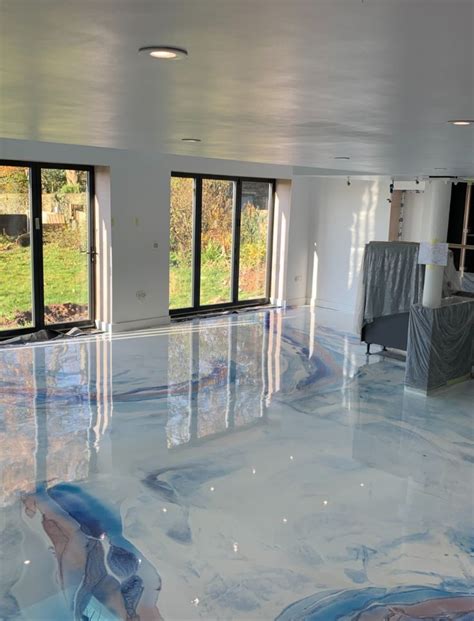 Wavy Light Blue Epoxy Floors In 2023 Epoxy Floor Epoxy Floor Designs Wood Floor Colors