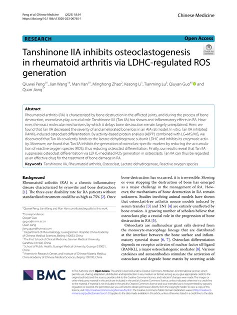 Pdf Tanshinone Iia Inhibits Osteoclastogenesis In Rheumatoid