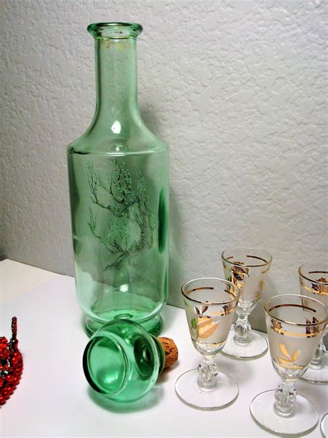 Vintage Mcm Decanter And Glasses 6 Green Glass Mcm Etsy