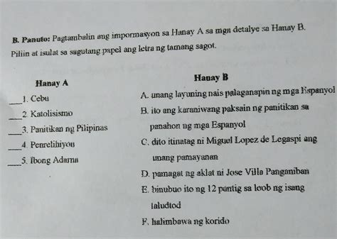 B Panuto Pagtambalin Ang Impormasyon Sa Hanay A Sa Mgn Detalye Sa