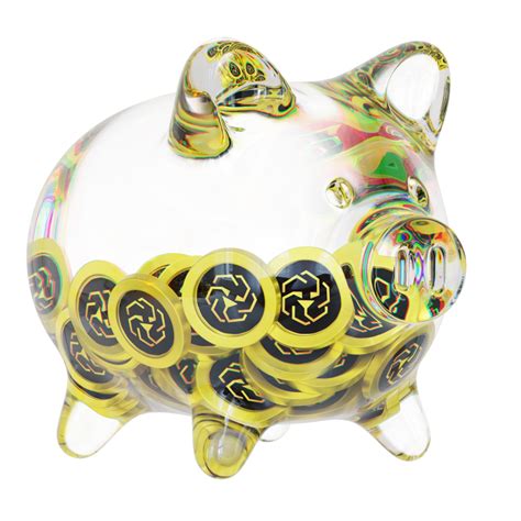 Unus Sed Leo Leo Glass Piggy Bank With Decreasing Piles Of Crypto Coins