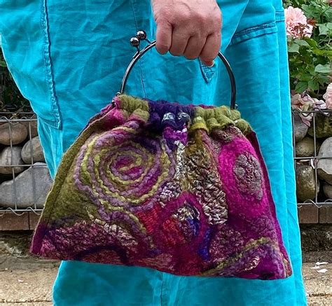 Hand Felted Handbag Felted Purse Purple Pink Green Nuno Felted Wool