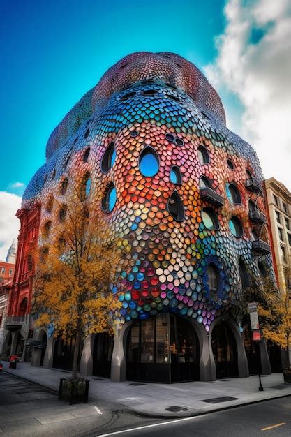 El edificio está hecho de vidrio y tiene una fachada colorida Foto