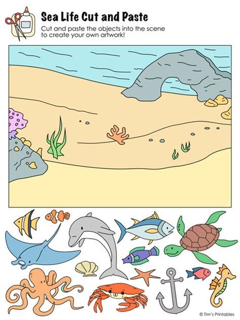 Sea Life Cut And Paste Activity And Coloring Pages 24 Etsy