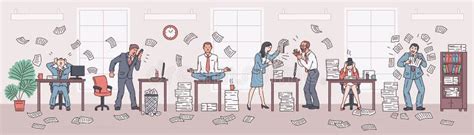 Office Chaos Rush Scene With Stressed Company Employees Vector