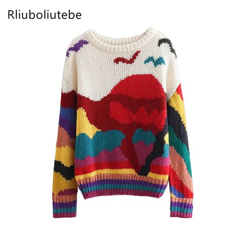 Multicolor Sweater Women O Neck Long Sleeves Casual Knitted Pullover